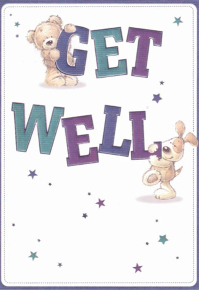 A joyful tableau of encouragement unfolds in this card, its artistry matching the inviting spirit of Harlow's finest florists. At its centre, a charming teddy bear and a bouncy puppy join forces to pass along heartfelt wishes, their connectedness reflecting the warmth of local gatherings in Harlow's parks and community gardens. The large, confident letters of 'GET WELL' are dressed in gradients of plum and teal, designed to command attention much like a vibrant bouquet displayed in a shop window. Smartly scattered stars in complementary tones hint at possibility and healing, while the crisp white background provides a sense of serenity akin to a peaceful stroll by the sculpture trails. The bear's fluffy coat and the puppy's soft, floppy ears are rendered with tactile care, inviting imagined touch and comfort. This artwork, much like a thoughtful arrangement delivered fresh from a Harlow florist, brings a sense of brightness and positivity that's perfect for those journeying towards wellness.