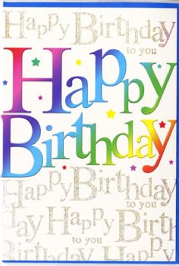 This exuberant birthday card feels like the paper version of a lively celebration in one of Harlow's family gardens, full of colour, light, and warmth. The centrepiece of the design is the phrase Happy Birthday, written in large, friendly letters that sweep across the card from left to right. Each letter is bathed in a rainbow gradient, shifting effortlessly from rich ruby reds and hot pinks into cooling blues, aquas, and greens, before mellowing into golden and lemon yellows. The effect is reminiscent of the gradual colour changes in a carefully arranged bouquet, the sort we often prepare for milestone birthdays at Flower Delivery Harlow. The transitions between hues are soft and velvety to the eye, suggesting a printed finish that feels smooth yet visually textured. Behind this vivid main message, the entire background is overlaid with fine cursive script in gleaming gold. The phrase Happy Birthday to you is written again and again in small, looping handwriting, creating a delicate tapestry of metallic lettering. When imagined under soft indoor lighting, the gold would catch and reflect the light like twinkling fairy lights draped across a party room. A scattering of minute sparkles and tiny star-like details peeps out between the larger letters, enhancing the festive mood without crowding the design. The surface looks satin-like, with the possibility of the rainbow letters being slightly raised to the touch, inviting fingertips to follow each curve and line. Overall, the card combines joyful colour with elegant detail: bold, celebratory wording supported by a whispering chorus of repeated wishes, making it a beautiful choice for anyone in Harlow who loves both fun and a touch of refined sparkle on their special day.