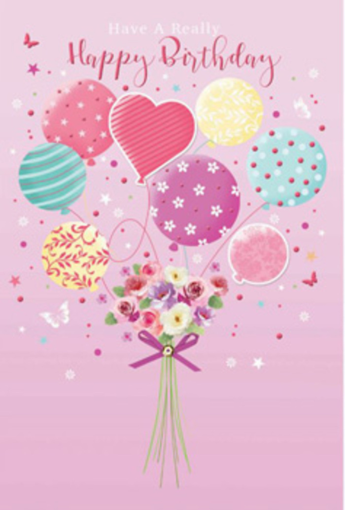 In this tender birthday design, the artist conjures a sense of gentle jubilation, reminiscent of a quiet celebration in a Harlow garden. The background is a soft, powdery pink, providing a warm backdrop that feels cosy and inviting. Floating at the centre is a rounded bouquet of balloons in pale sunshine yellow, rosy fuchsia, lavender, and cool sea-green tones, their colours harmonising in a way that feels both playful and soothing. Each balloon is embellished with its own character: some feature twirling candy-like stripes, others are scattered with joyful polka dots, and a few display delicate flourishes that look like stylised blossoms or curling vines. Subtle highlights and shadows lend a three-dimensional quality, suggesting the balloons are gently bobbing in the air. At the base of this airy display, a hand-tied bouquet anchors the composition. The flowers appear to be petite roses and soft daisy-like blooms, their petals shaded beautifully from cream to blush rose, as though brushed by early morning light over Harlow Town Park. You can almost imagine the cool, velvety texture beneath your fingertips and a whisper of sweet fragrance. A crisp purple ribbon cinches the stems, its satin bow tied with clean, practiced loops that hint at the handiwork of an experienced florist. Around the balloons and flowers, whimsical butterflies and tiny star shapes flutter and drift, as if a light breeze from the River Stort has just passed through. The entire scene suggests care and intention-the sort of thoughtful birthday greeting you might send from Harlow to someone you cherish, capturing the softer side of celebration through colour, form, and imaginative detail.
