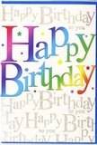 This joyful birthday card seems to hum with celebration, much like the buzz of friends gathering in Harlow on a special evening. Boldly across the front, the words Happy Birthday appear in large, confident letters, each one dressed in a luminous gradient of colour that glides through the spectrum. Intense cherry reds slide into rosy pinks, flowing onward to sapphire, turquoise, and sea-green tones, before brightening into fresh lime and mellow sunshine yellows. The colours melt gently into one another, like the varied hues in a mixed birthday bouquet arriving at a doorstep near Old Harlow. These rainbow letters stand out clearly against a refined background of repeated golden script, where Happy Birthday to you is written time and again in delicate, looping cursive. The metallic gold ink creates a soft sheen, catching light in a way that suggests subtle glimmer rather than bold glitter, echoing the warmth of candlelight reflecting off glassware at a birthday dinner. Between the words, tiny specks of colour and starry highlights are scattered, evoking the look of confetti or tiny fireworks frozen mid-burst. The card's surface appears smooth and slightly glossy, with the possibility of the main phrase having a raised, glossy texture that could be traced easily by touch. The overall feel is one of upbeat sophistication: bold, playful typography backed by a gentle, shimmering chorus of repeated wishes. It's the sort of card that does more than state happy birthday-it sets the tone for the whole celebration, making it a lovely keepsake for someone marking their special day in Harlow.