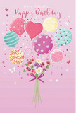 This whimsical birthday illustration unfolds like a soft daydream set over Harlow, with a pale pink background that feels as comforting as a favourite scarf. In the centre, a lively assortment of pastel balloons rises, clustered together as though they are gently lifting a small bouquet towards the sky. The balloons come in tender shades of peach, mint, butter-yellow, and lavender, each one designed with its own playful twist: some spin with candy-coloured stripes, others bloom with cheerful polka dots, and one is subtly heart-shaped, gently radiating affection. Light skims their rounded forms, giving them a delicate sheen that suggests movement and depth. Below, at the point where all the imagined strings would gather, sits a hand-tied bouquet overflowing with delicate roses and anemone-like blossoms. The flowers are rendered in creamy ivory, blush pink, and muted mauve, petals layered and feathery, as though their edges would brush softly against your fingertips. A violet satin bow holds the stems together in a tidy knot, with loops and tails that gleam slightly, demonstrating the sure hand of a florist from Flower Delivery Harlow preparing a special birthday surprise for someone nearby in Old Harlow or around Churchgate Street. Tiny stars and butterfly silhouettes shimmer and dance around the central cluster, adding a touch of fairy-tale magic, like confetti caught mid-air at a party in Harlow Town Park. The overall impression is light, bright, and joyful-a celebration captured in pastel colour and meticulous detail, designed to make the recipient feel truly seen, loved, and uplifted on their birthday.