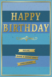 In this image, a refined birthday card is displayed upright, its design combining layered blue tones and glimmering gold details to evoke a mood of peaceful celebration. The card's background is divided into wide, horizontal stripes that gradually shift from a deep, inky navy at the top, through rich cobalt and calming teal, down to a softer sky blue at the bottom edge. The transition between these bands is smooth yet clearly defined, giving a sense of depth and movement, like looking across open skies above Harlow's skyline. Across the middle of the card, the central message HAPPY BIRTHDAY is embossed in large, golden capital letters. The lettering is crisp and slightly raised, with a metallic finish that softly reflects light, adding dimension without overwhelming the tranquil blues behind it. Immediately beneath this bold greeting, a delicate golden flourish sweeps gracefully from left to right, acting as a decorative separator. Below the flourish, three slim gold banners are arranged in a tidy vertical stack, each ribbon featuring part of the gentle instruction: Relax, have a great day and enjoy! The gold of the banners and text is subtly raised, providing a pleasing contrast against the smooth, high-quality card stock. A narrow gold border encloses the design, giving the impression of a framed piece of artwork. The overall feel is calm, thoughtful, and quietly joyful-perfect for pairing with a birthday bouquet delivered by Flower Delivery Harlow, where the cool, layered blues and warm golden accents echo the balance of city life and green spaces that characterises the local area.
